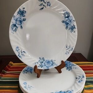 Corelle Blue Velvet Rose Corning Ware 10 1/4" Dinner Plates Swirl Rim Set Of 5